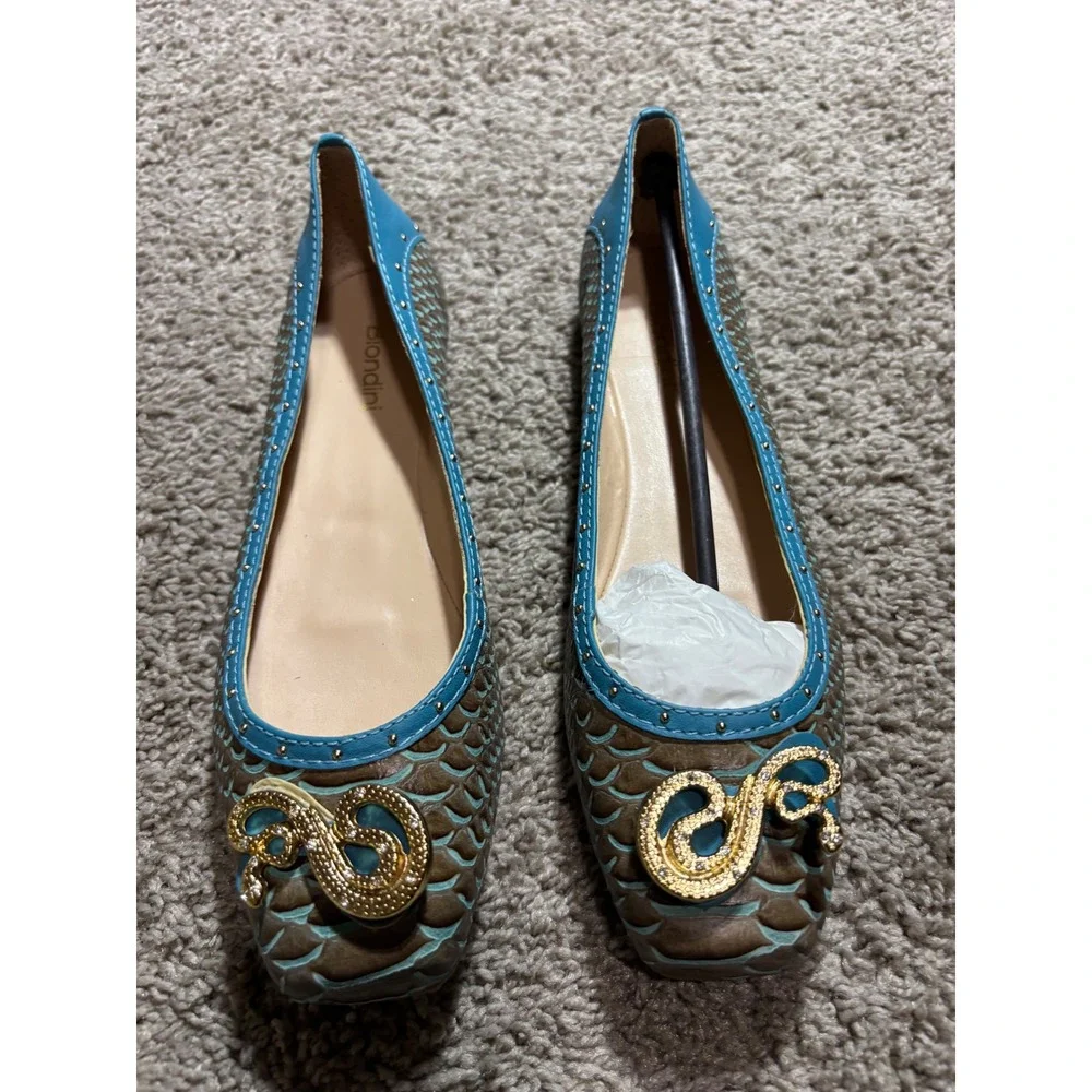 Biondini Flavia Ballet Flats Turquoise Brown Snake Emblem Square Toe Mens 7
